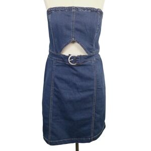 Free People As If Strapless‎ Denim Mini Dress L Dark Wash Belted Cutout Zip Back